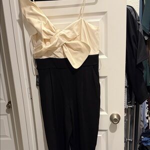 Express Black and Cream One-Shoulder Jumpsuit